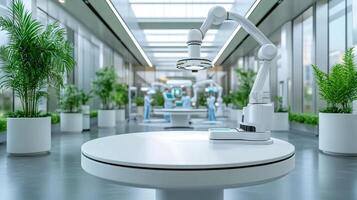 A robot is sitting on a table in a large room photo