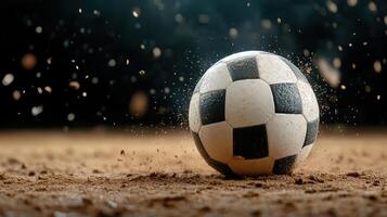 A soccer ball on the ground with water splashing photo