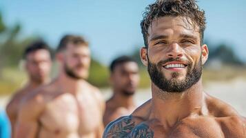 A shirtless man standing in front of a group of men photo