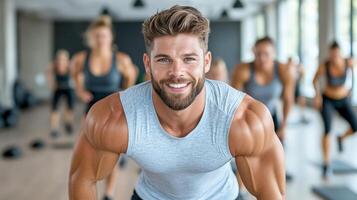 A man with a beard and muscles is smiling in a gym photo