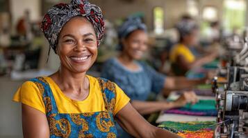 A woman smiles while working on a sewing machine photo