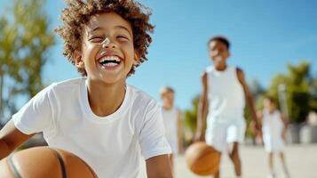 A boy is smiling while holding a basketball photo
