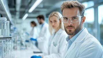 A man in lab coat and glasses standing in front of a lab photo