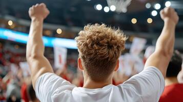 A man with his arms up in front of a crowd photo