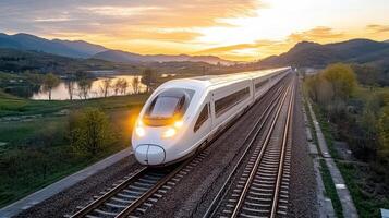 A high speed train traveling along the tracks at sunset photo