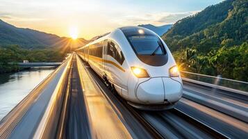 High speed train traveling through the countryside at sunset photo