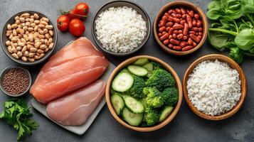 The foods that are in bowls with rice, beans, broccoli, chicken, and other vegetables photo