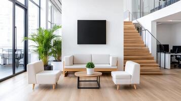 Modern office interior with wooden floors and white furniture photo