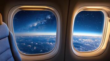 An airplane window with a view of the sky photo
