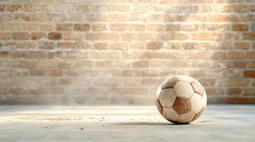 A soccer ball on the floor in front of a brick wall photo