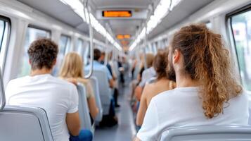 People sitting on the train with their heads down photo