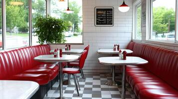 A restaurant with red booths and white tables photo