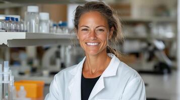 scientist smiling in laboratory, showcasing research and innovation photo