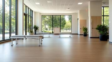 spacious rehabilitation facility with large windows and plants photo