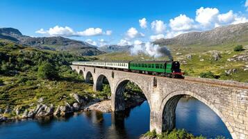 steam train crosses old stone bridge over deep river, surrounded by lush hills photo