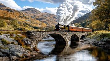 steam train crossing old stone bridge over scenic river photo