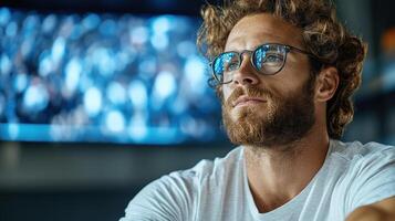 thoughtful man with curly hair and glasses, focused on screen photo