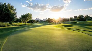 beautiful sunset over golf course with lush green grass and trees photo