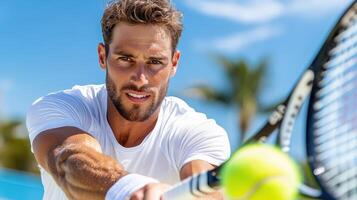 focused tennis player preparing to return serve on sunny day photo