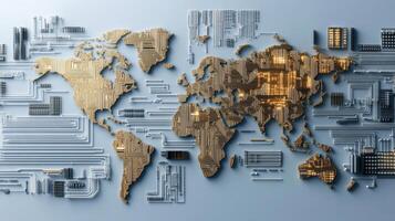 world map made of circuit patterns, symbolizing technology and connectivity photo
