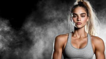 Strong woman with defined muscles posing confidently in smoky background photo