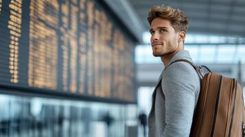 traveler with backpack gazes at flight information board in modern airport photo