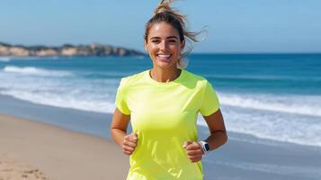 Bright woman jogging along beach, enjoying sunny day and ocean breeze photo