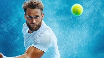focused tennis player prepares to hit ball during match photo