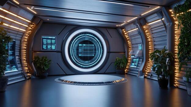A futuristic looking room with a large circular window photo
