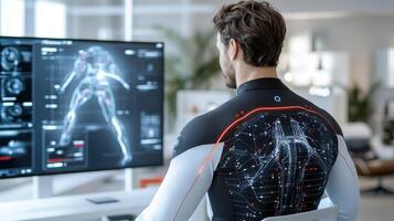 A man wearing a shirt with a back view of a computer screen photo