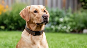 A dog wearing a collar in the grass photo