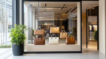 A store window with a display of bags photo