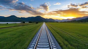 A railroad track in the middle of a field photo