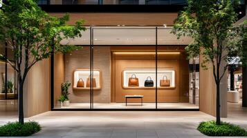 A store with a glass wall and wooden floor photo