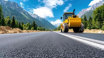 A yellow bulldozer driving down a road photo