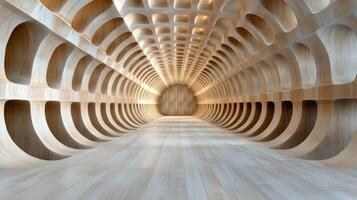 A long tunnel with wooden walls and a light source photo