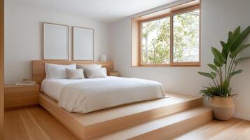 A bedroom with a bed, a window and a plant photo