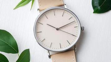 A watch on a white surface with green leaves photo