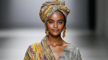 A model wearing a colorful head wrap on the runway photo