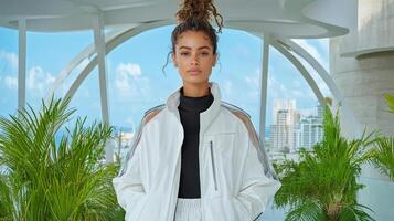 A woman in a white jacket and pants standing on a balcony photo