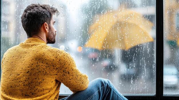 A man sitting on a window sill looking out at the rain photo