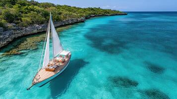 A sailboat floating in the ocean near a rocky shore photo