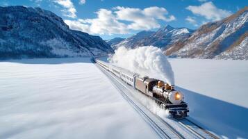 A steam train traveling through the snow photo
