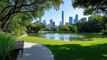 A park with a lake and a bench in the middle of the park photo