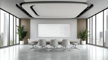 A conference room with a white table and chairs photo