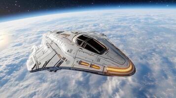 Spaceship in space with earth in background photo