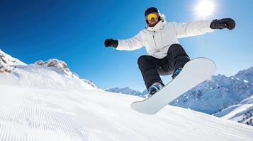 A man on a snowboard is jumping in the air photo