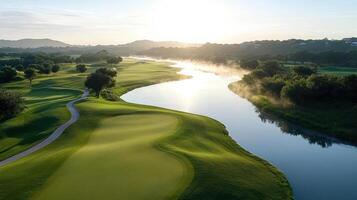 A golf course with a river and trees photo