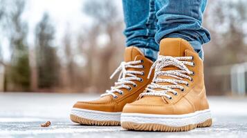 A person wearing tan boots on a snowy surface photo