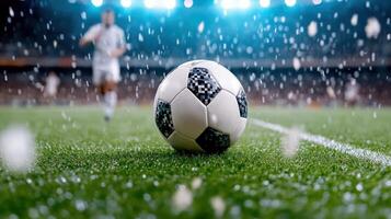Soccer ball on grass with rain falling photo